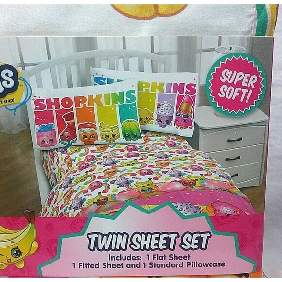 Shopkins Twin Sheet Set 3 Pieces Super Soft Rainbow Design Kids Bedroom - Picture 2 of 4